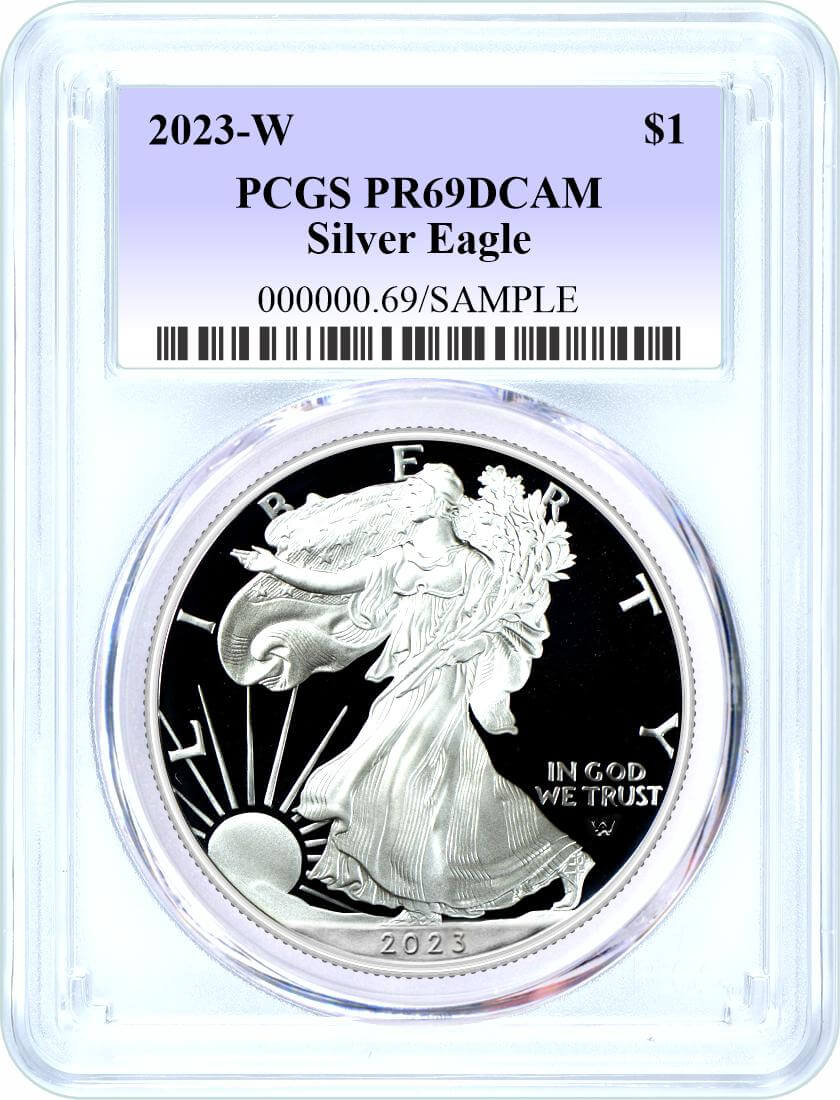 2023 W $1 1 oz Proof Silver Eagle PCGS PR69 DCAM Blue Label