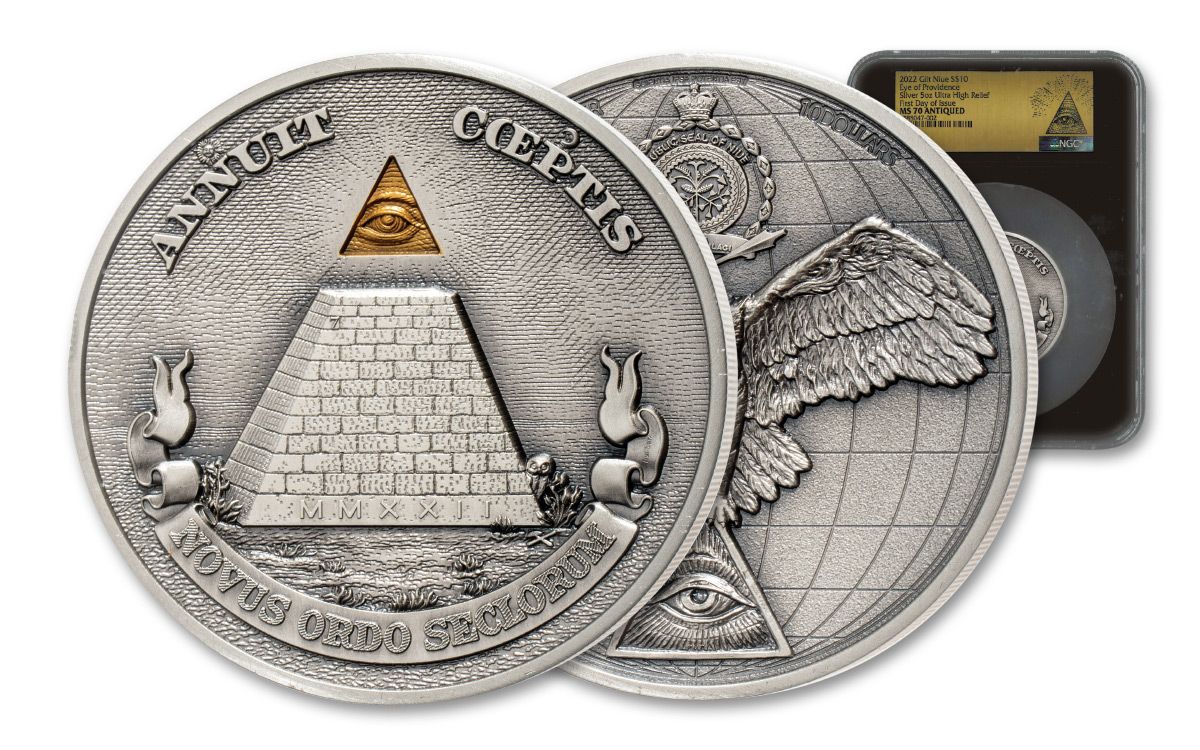 2022 $10 Niue 5oz Gilt Silver Eye of Providence Ultra High Relief NGC MS70 ANTIQUED First Day of Issue Black Core
