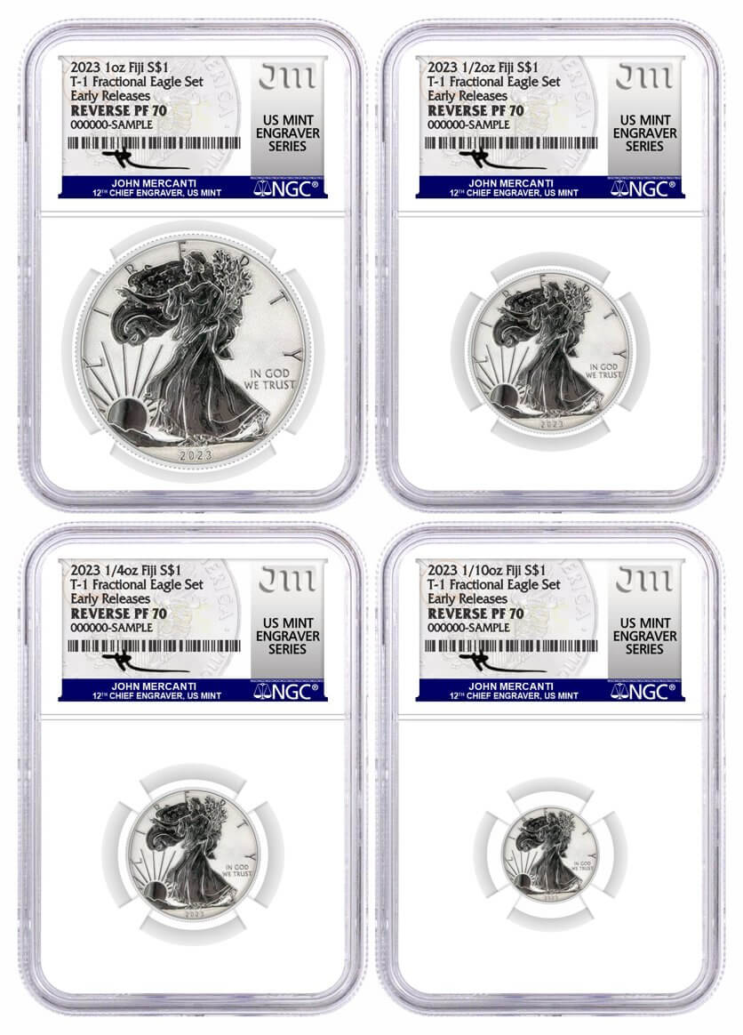 Genevieve Figgis Equal Rights プレート 2023 2023 Fiji Type 1 Fractional Silver Eagle 4 Coin Set NGC