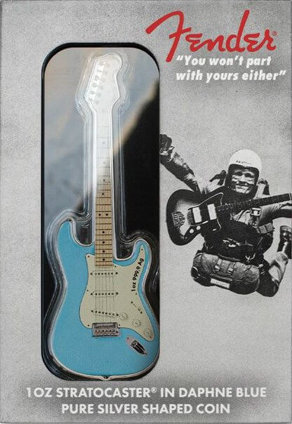2023 $2 Solomon Islands 1oz .9999 Silver Reverse Proof Fender Stratocaster Daphne Blue OGP COA