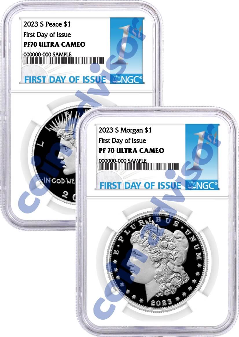 2023 S $1 Proof Silver Morgan Dollar and Peace Dollar 2 Coin Duo NGC PF70 UCAM First Day of Issue 1st Label