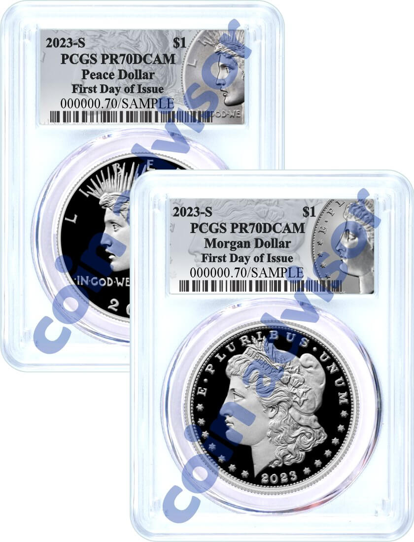 2023 S $1 Proof Silver Morgan Dollar and Peace Dollar 2 Coin Duo PCGS PR70 DCAM First Day of Issue Silver Dollar Label