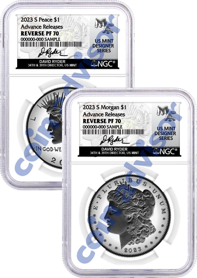 2023 S $1 Reverse Proof Morgan Dollar and Peace Dollar 2 Coin Set NGC REVERSE PF70 Advance Releases Ryder Signed U.S. Mint Designer Series