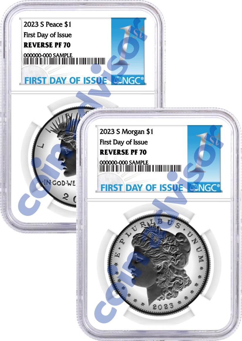 2023 S $1 Reverse Proof Morgan Dollar and Peace Dollar 2 Coin Set NGC REVERSE PF70 First Day of Issue 1st Label
