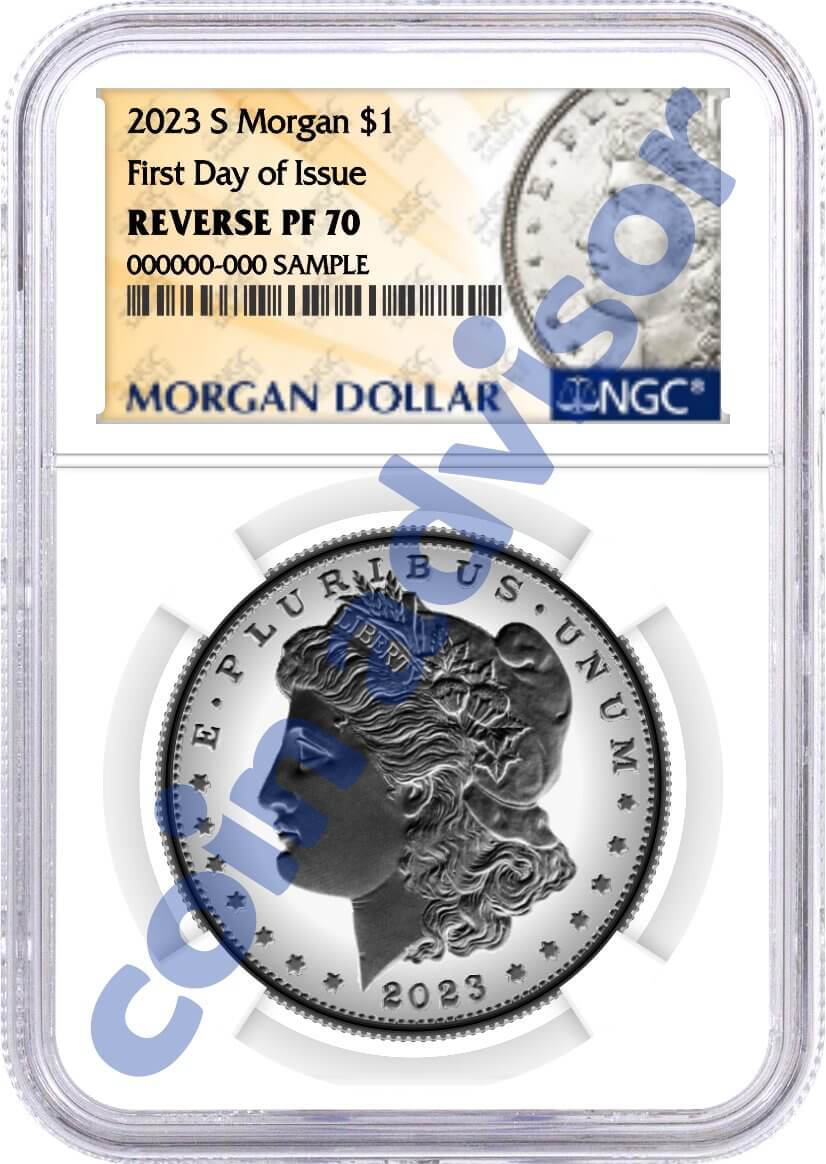 2023 S $1 Reverse Proof Morgan Dollar and Peace Dollar 2 Coin Set NGC REVERSE PF70 First Day of Issue Design Label