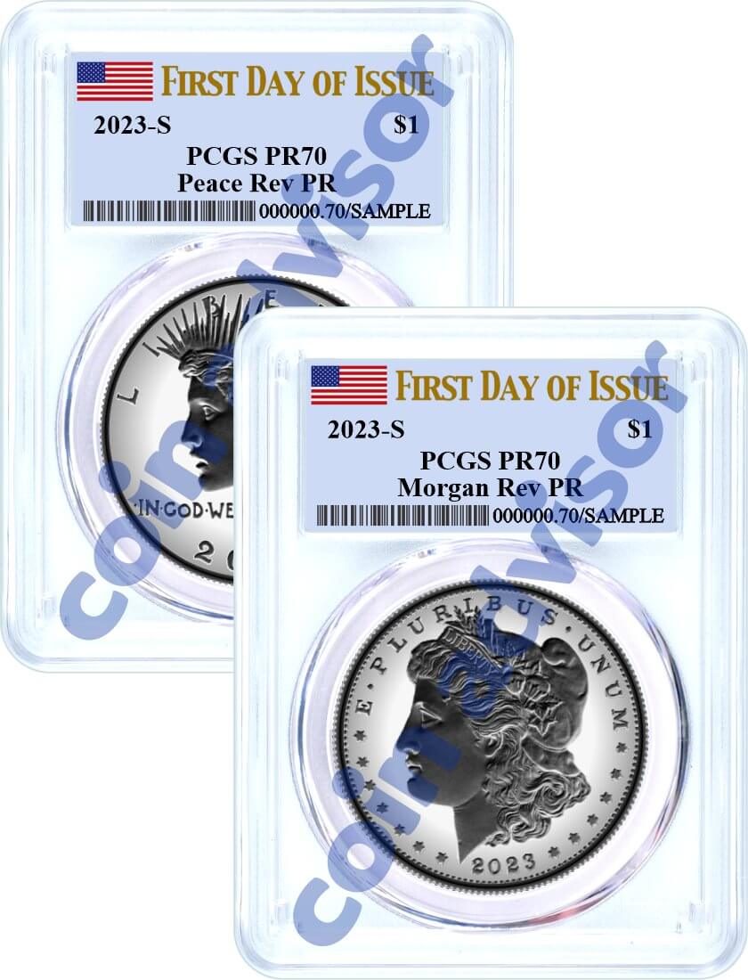 2023 S $1 Reverse Proof Morgan Dollar and Peace Dollar 2 Coin Set PCGS Rev PR70 First Day of Issue Flag Label