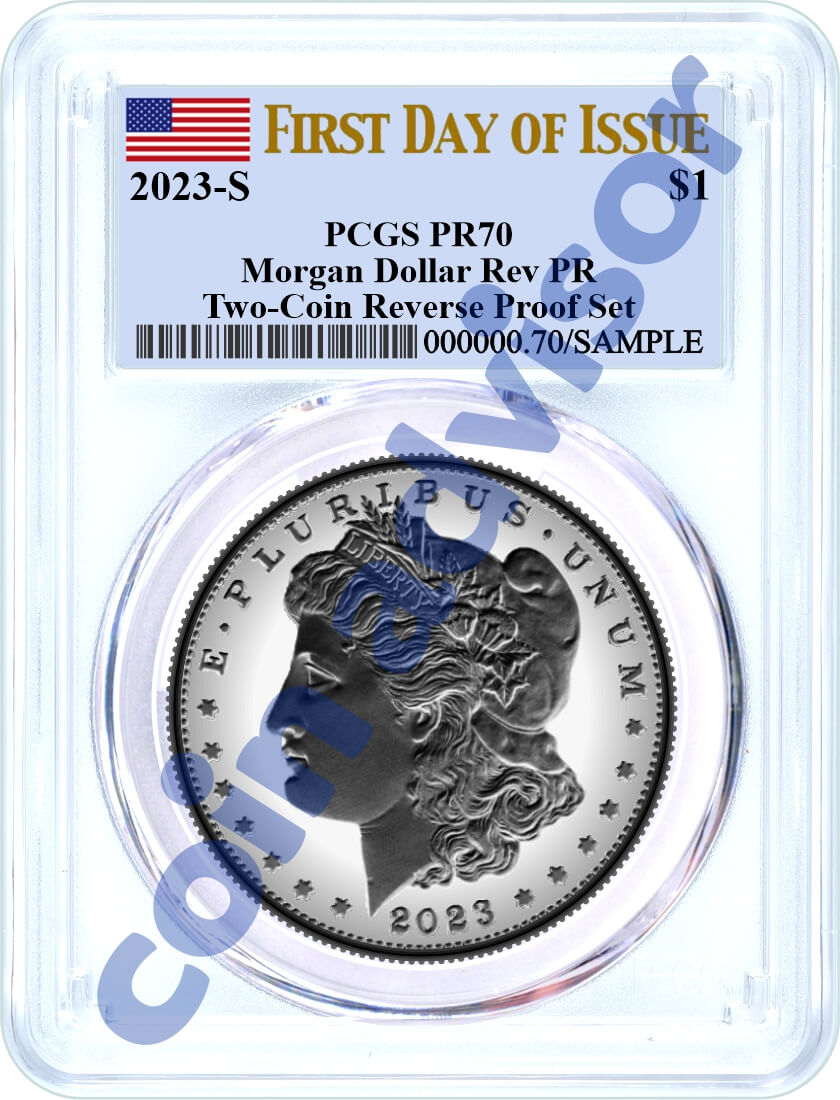 2023 S $1 Reverse Proof Morgan Dollar and Peace Dollar 2 Coin Set PCGS Rev PR70 First Day of Issue Flag Label