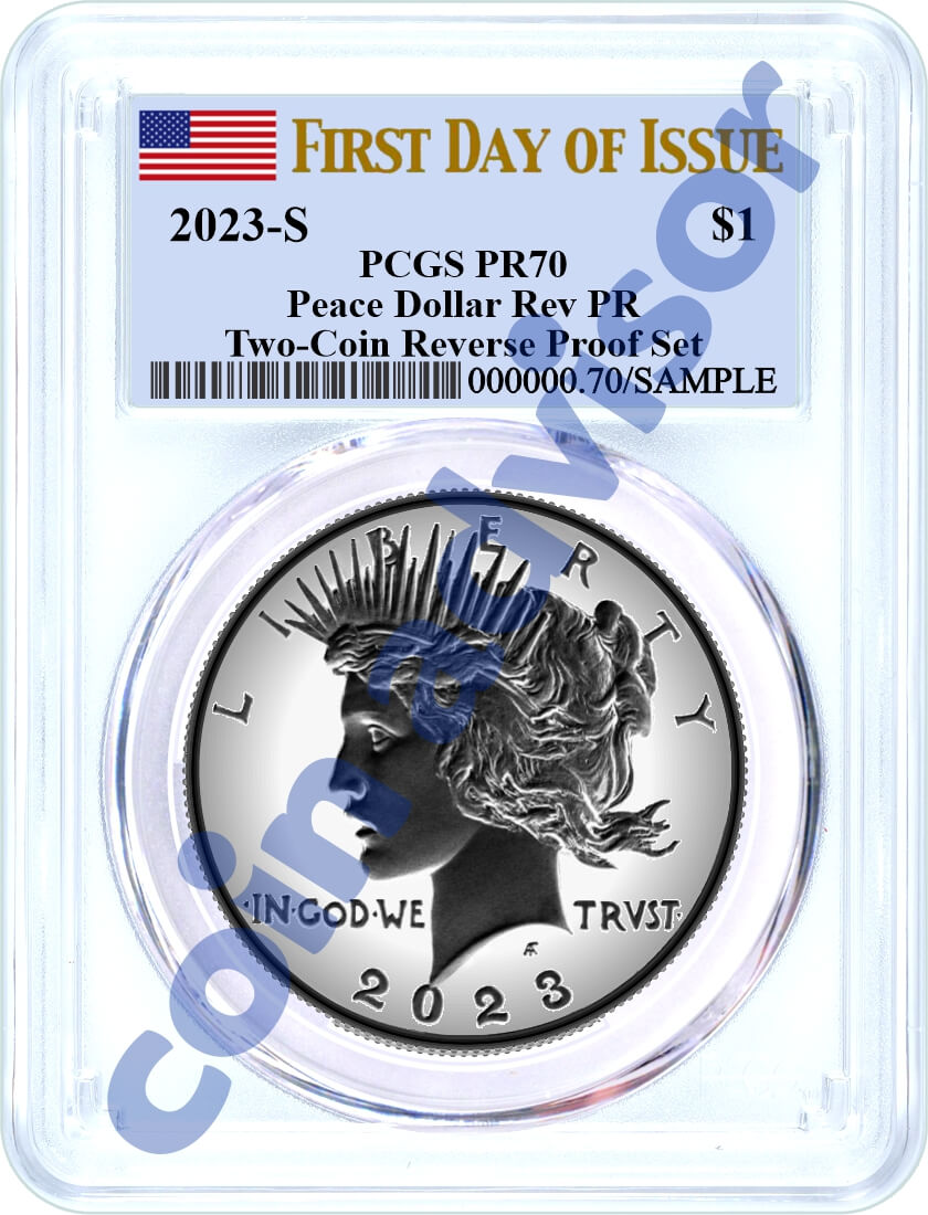 2023 S $1 Reverse Proof Morgan Dollar and Peace Dollar 2 Coin Set PCGS Rev PR70 First Day of Issue Flag Label