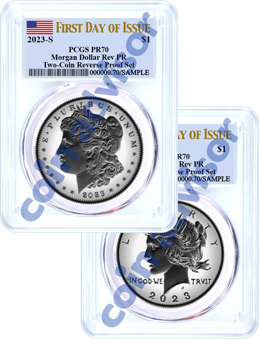 2023 S $1 Reverse Proof Morgan Dollar and Peace Dollar 2 Coin Set PCGS Rev PR70 First Day of Issue Flag Label