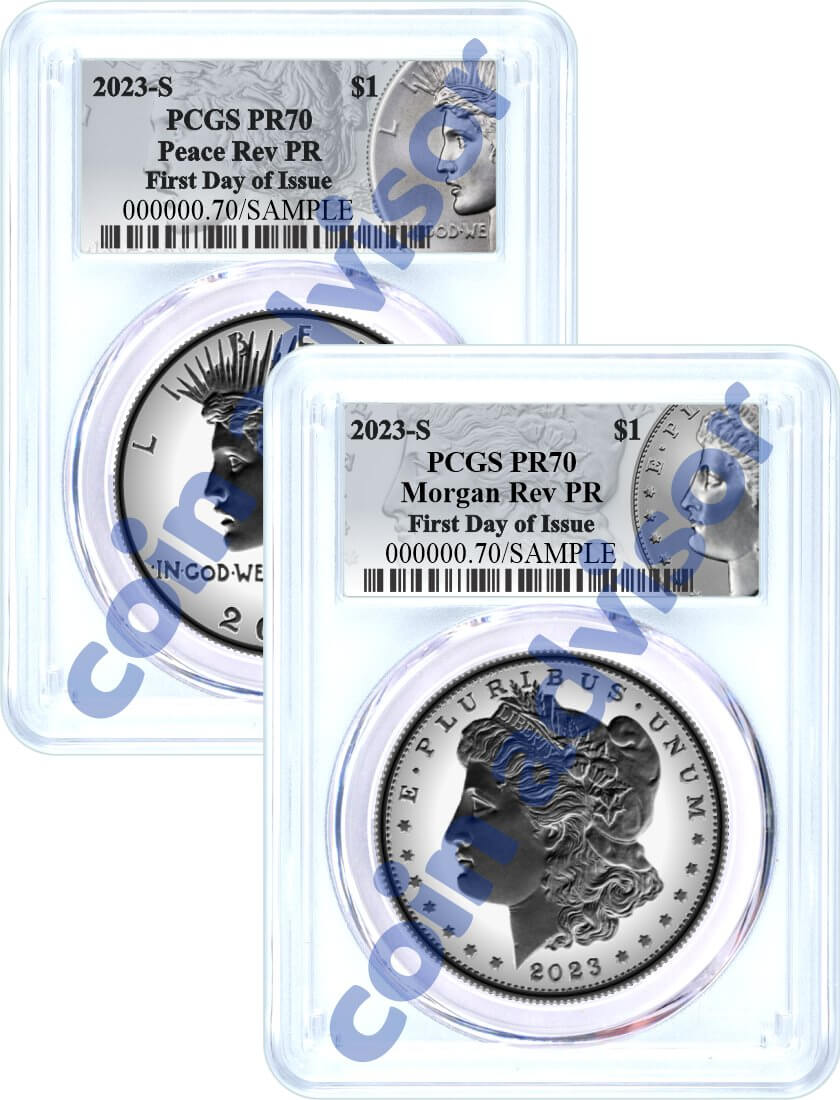 2023 S $1 Reverse Proof Morgan Dollar and Peace Dollar 2 Coin Set PCGS Rev PR70 First Day of Issue Silver Dollar Label