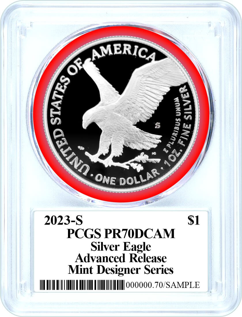 2023 S $1 1 oz Proof Silver Eagle PCGS PR70 DCAM Advanced Release Damstra Signed Mint Designer Series Label X 3 Pack