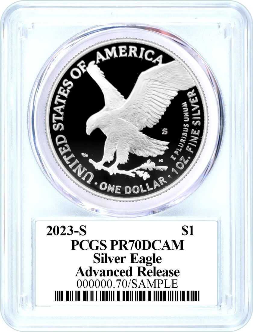 2023 S $1 1 oz Proof Silver Eagle PCGS PR70 DCAM Advanced Release Damstra Signed Flag Label