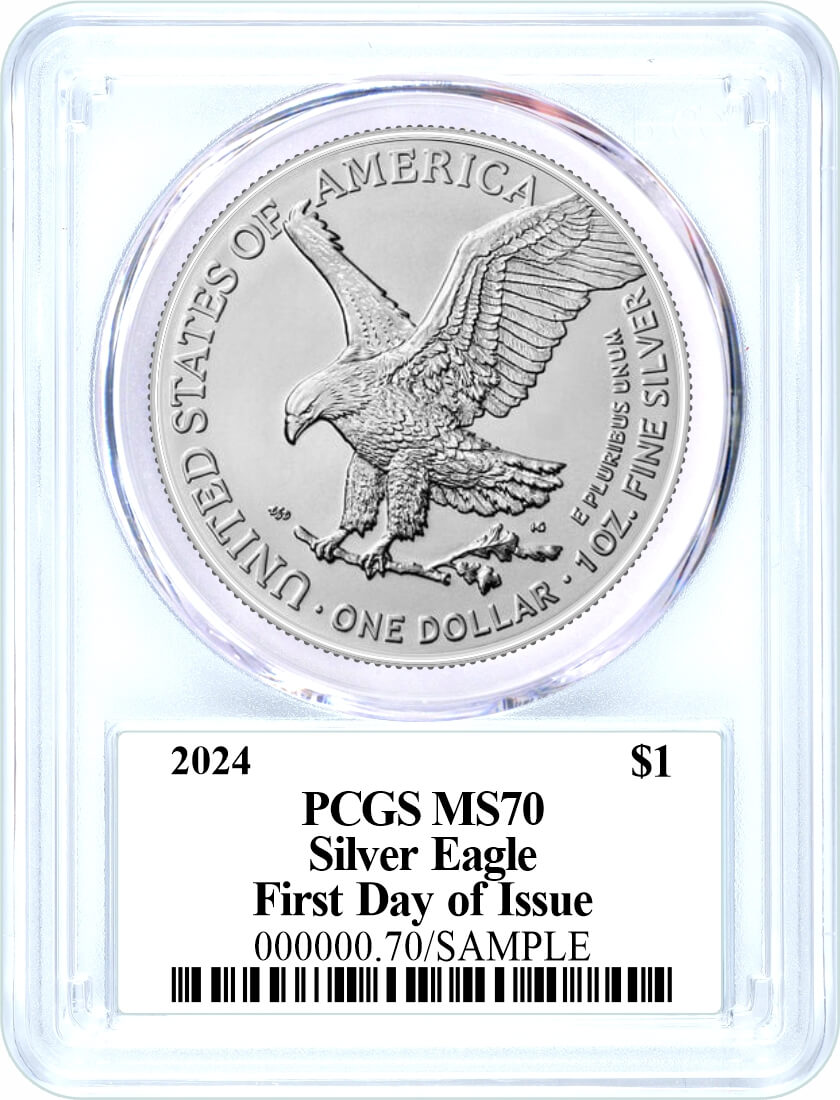 2024 $1 Silver Eagle PCGS MS70 First Day of Issue Damstra Signed Flag Label