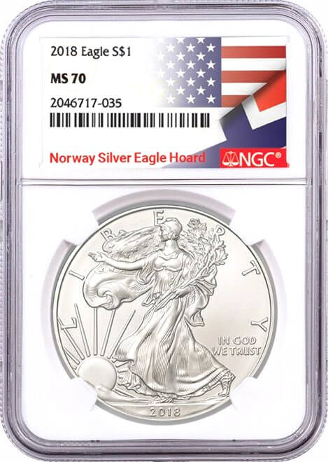 2018 $1 Silver Eagle NGC MS70 Norway Silver Eagle Hoard