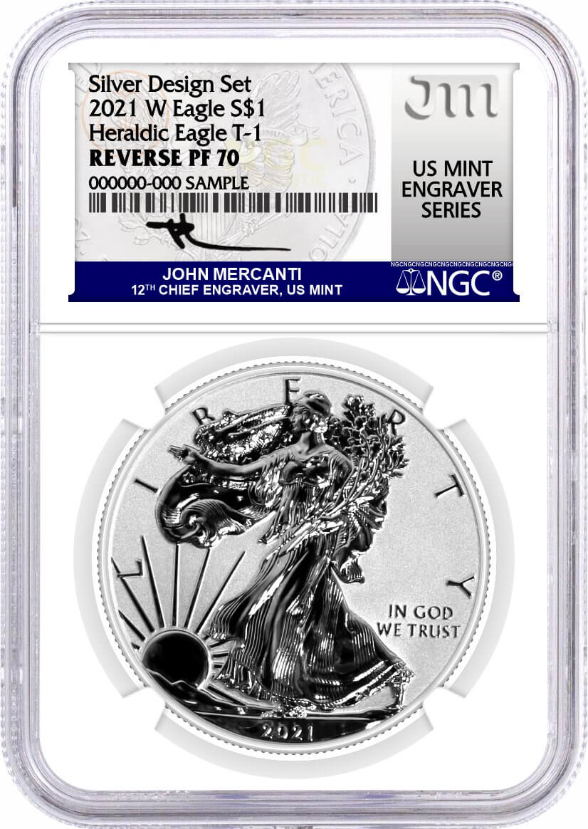 2021 WS $1 Silver Eagle T-1 & T-2 Reverse Proof 2-Coin Silver Design Set NGC Reverse PF70 Mercanti MES Gaudioso MES