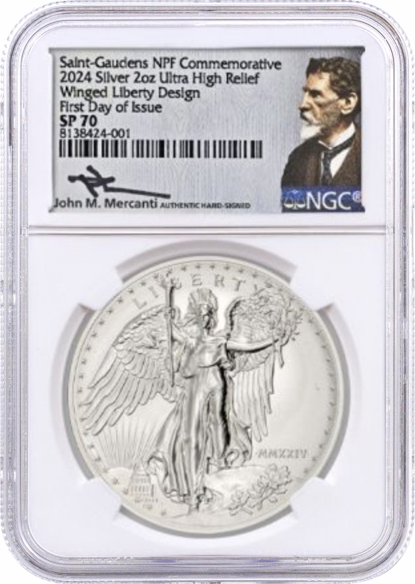 2024 NPF 2oz Silver Saint-Gaudens Winged Liberty Ultra High Relief NGC SP70 First Day of Issue Mercanti Signed Saint-Gaudens Label