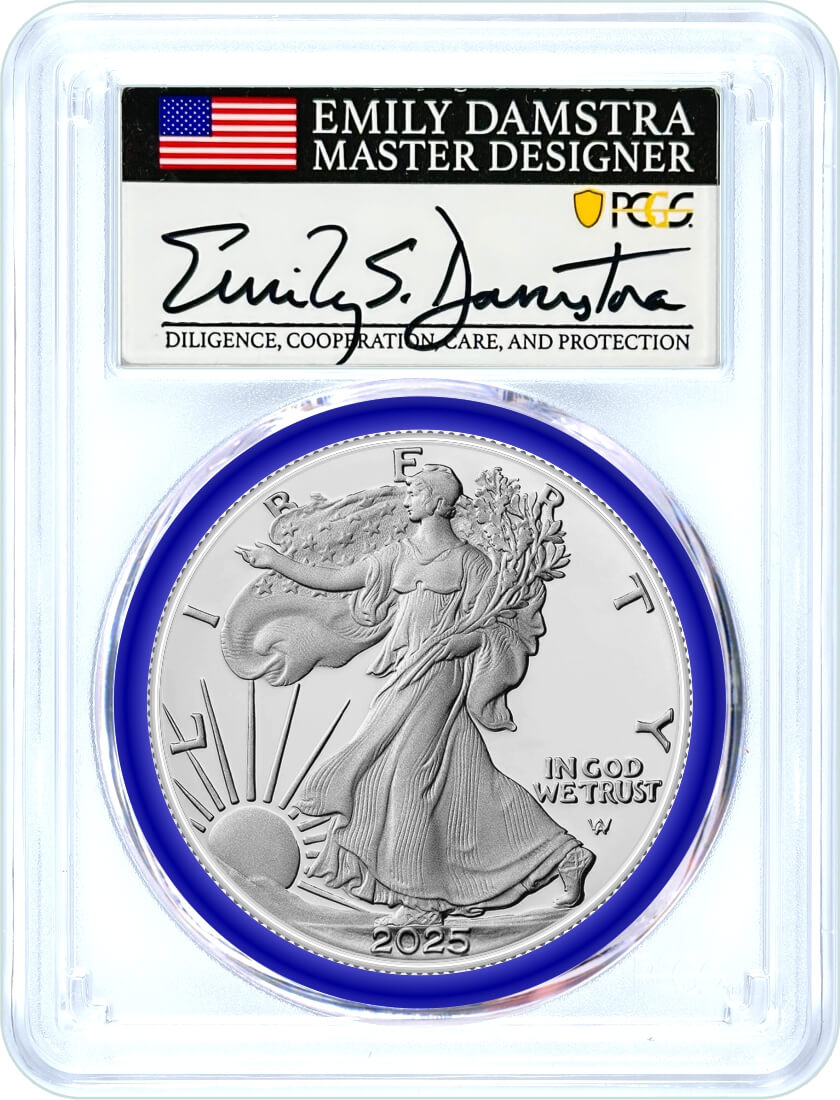 2025 $1 1 oz Silver Eagle PCGS MS70 First Day of Issue Damstra Signed Mint Designer Series