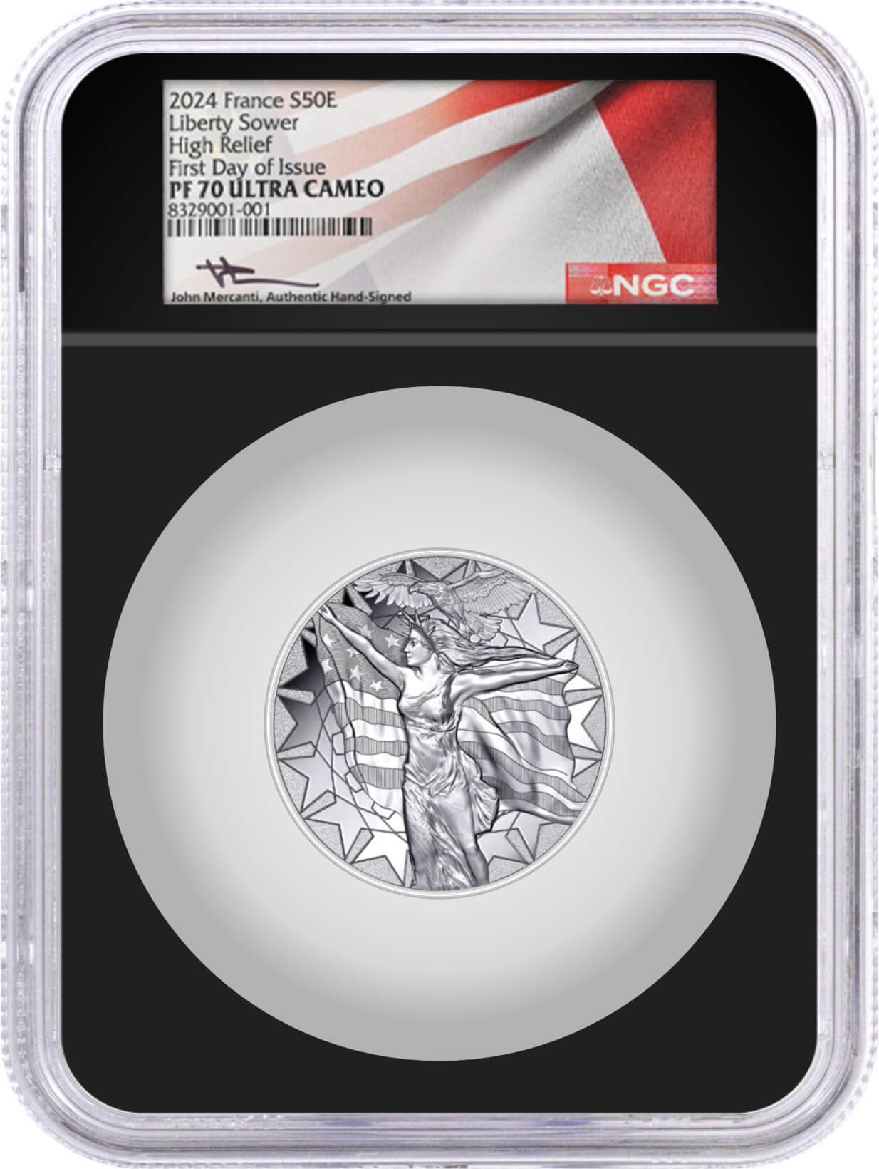 2024 France €50 5oz Proof Silver Mercanti's Liberty Sower High Relief NGC PF70 UCAM First Day of Issue Mercanti Signed Flag Label Black Core