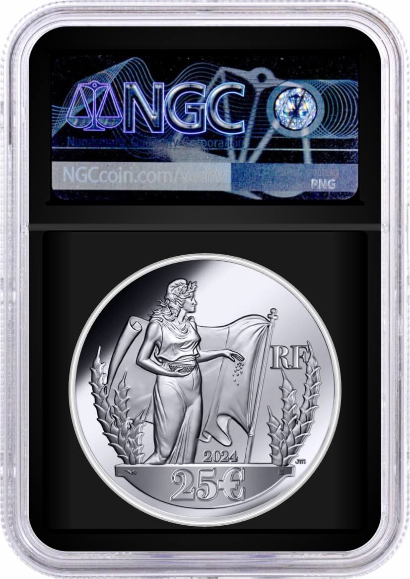 2024 France 25€ 2oz Proof Silver Mercanti's Liberty Sower High Relief NGC PF70 UCAM First Day of Issue Mercanti Signed Flag Label Black Core