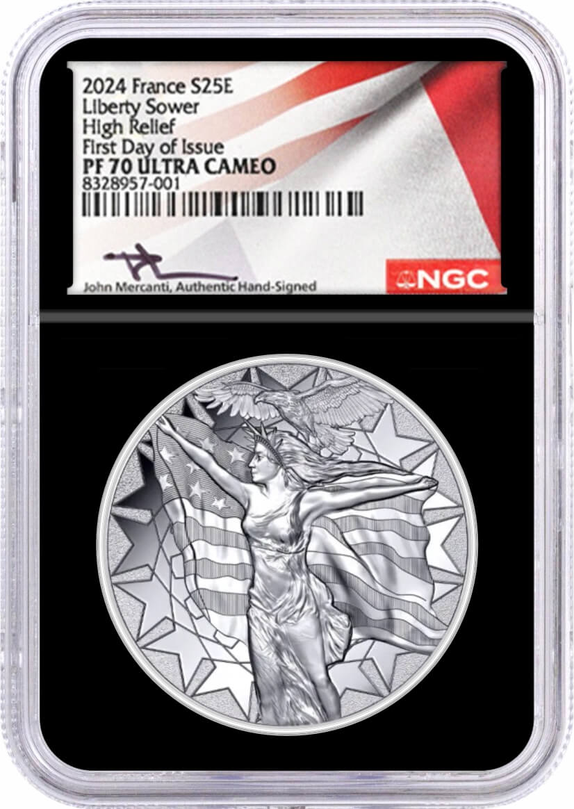 2024 France 25€ 2oz Proof Silver Mercanti's Liberty Sower High Relief NGC PF70 UCAM First Day of Issue Mercanti Signed Flag Label Black Core