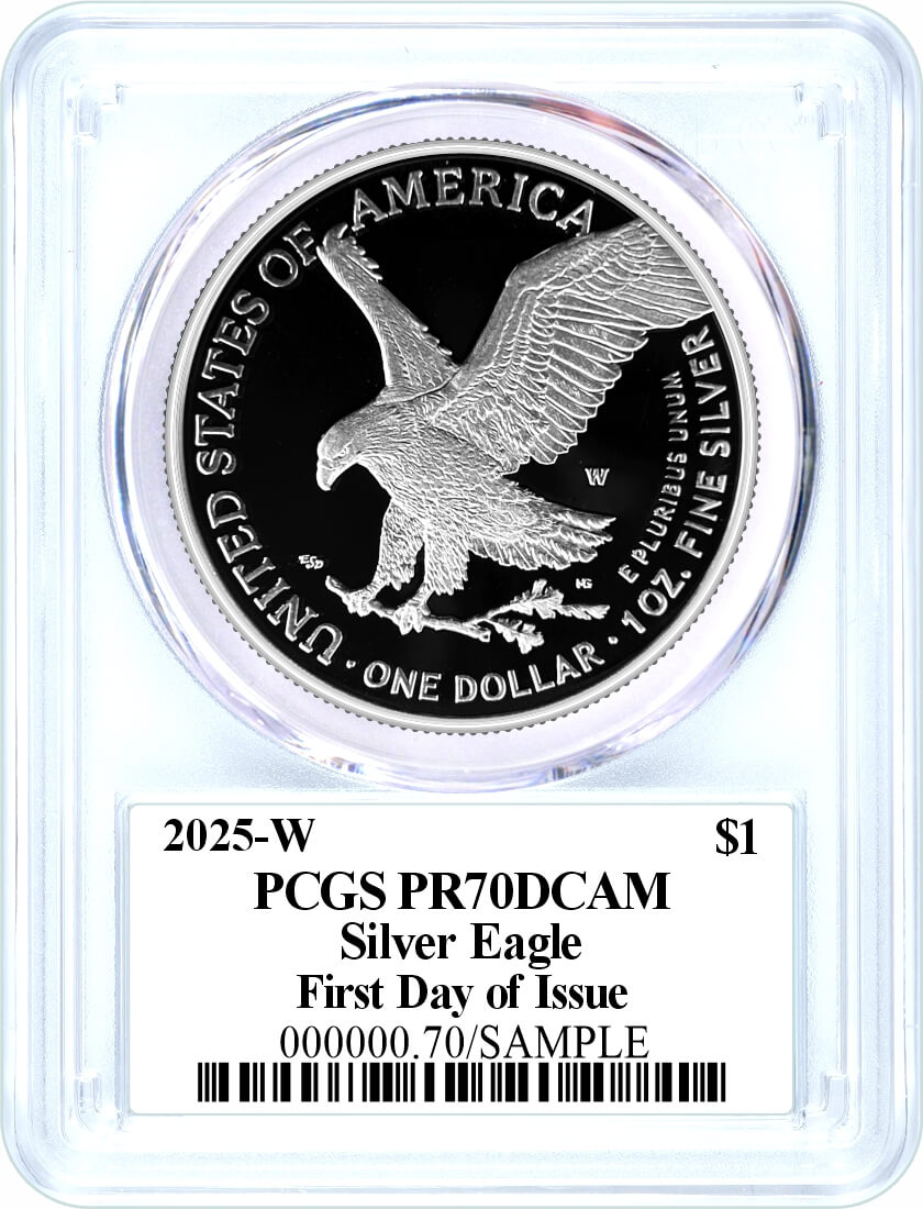 2025 (P) $1 1-oz American Silver Eagle - First Eagle Privy - PCGS MS70 FDOI Flag