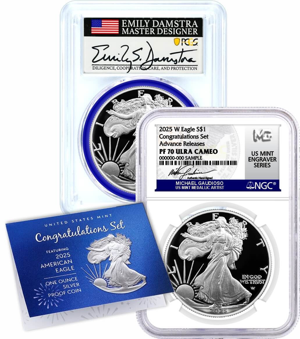 2025 W $1 1oz Proof Silver Eagle Congratulations Set 2-Coin Set NGC PF70 UCAM Gaudioso Signed MES/PCGS PR70 DCAM Damstra Signed MDS Advance Release Duo