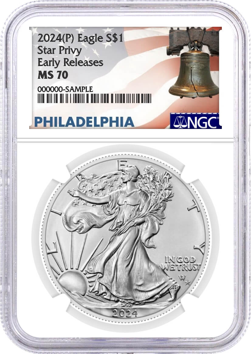 thumbnail image 2 of 2 Coin Set: 2024 & 2025 P Silver Eagle With Privy – NGC MS70 ER Philly, 2 Oz Silver, US Mint 2 of 5