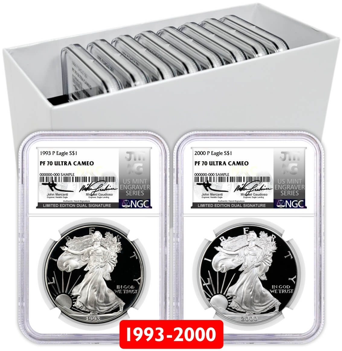 1993-2000 P $1 1oz Proof Silver Eagle 8 Coin Set NGC PF70 UCAM Mercanti/Gaudioso Signed Limited Edition Dual Signature U.S. Mint Engraver Series with Coin Advisor 10 Slab Box