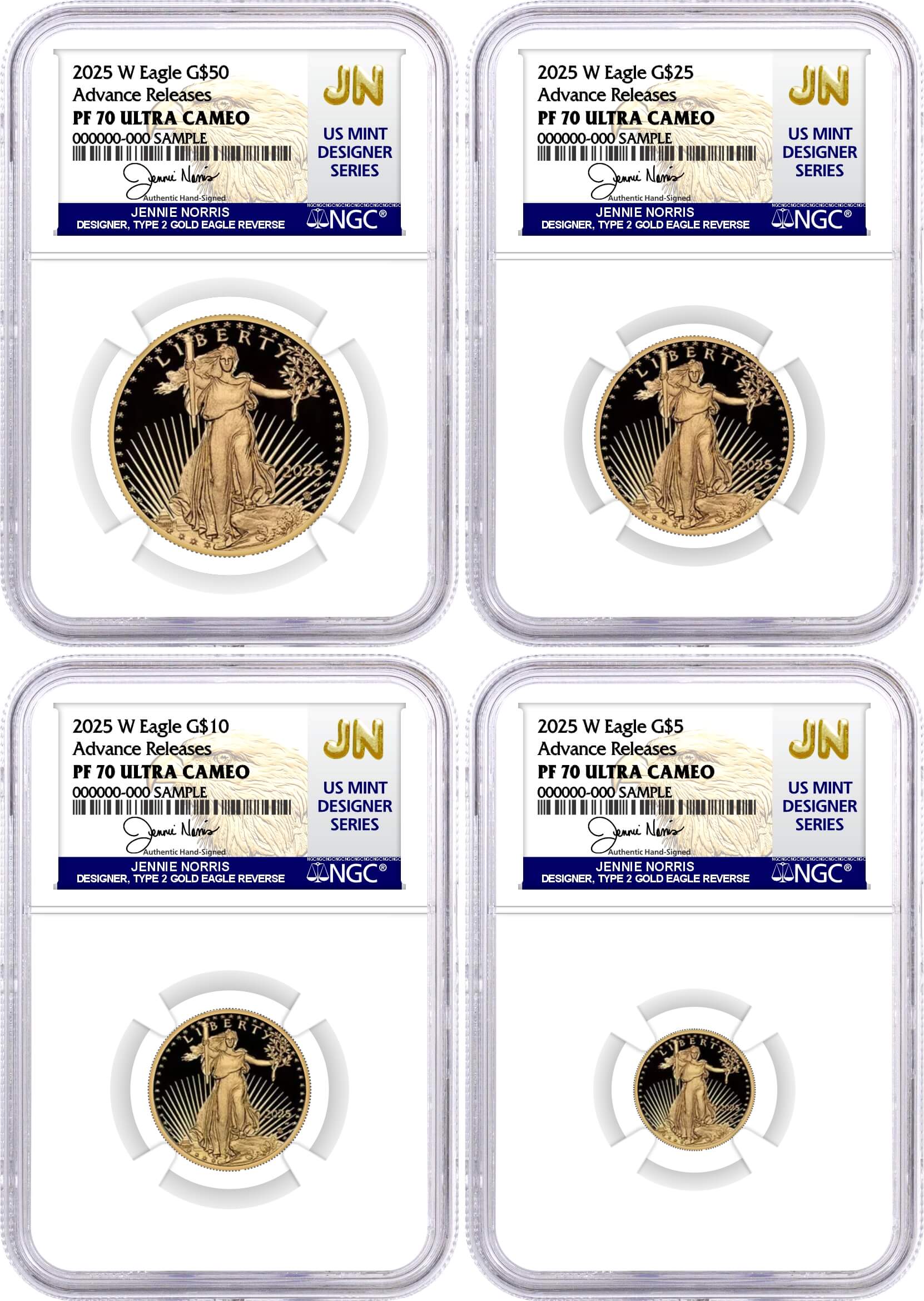 2025 W 1.85 oz Proof Gold Eagle 4-Coin Set NGC PF70 Ultra Cameo Advance Releases Norris Signed U.S. Mint Designer Series