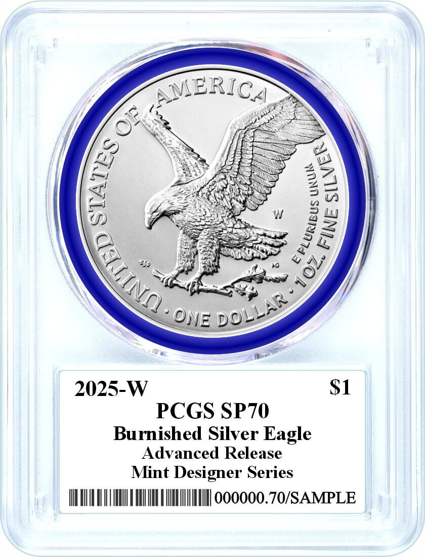 2025 W $1 1 oz Burnished Silver Eagle PCGS SP70 Advanced Release Damstra Signed Mint Designer Series