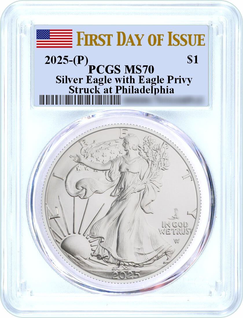 2025 (P) $1 1 oz Silver Eagle with Eagle Privy PCGS MS70 First Day of Issue Flag Label