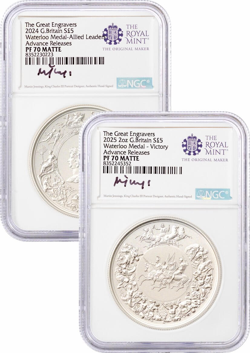 2024 & 2025 G. Britain S£5 2 oz Waterloo Medal Victory & Allied Leaders Two Coin Set NGC PF70 Matte Advanced Releases Jennings Signed Royal Mint Label With OGP