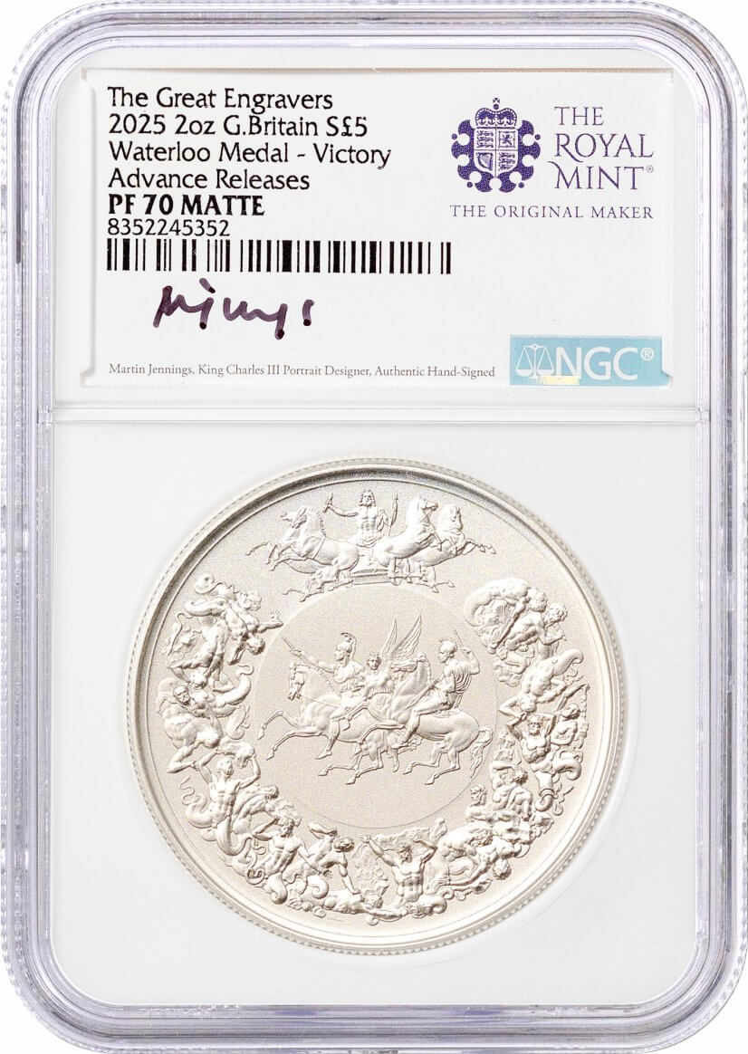 2024 & 2025 G. Britain S£5 2 oz Waterloo Medal Victory & Allied Leaders Two Coin Set NGC PF70 Matte Advanced Releases Jennings Signed Royal Mint Label With OGP