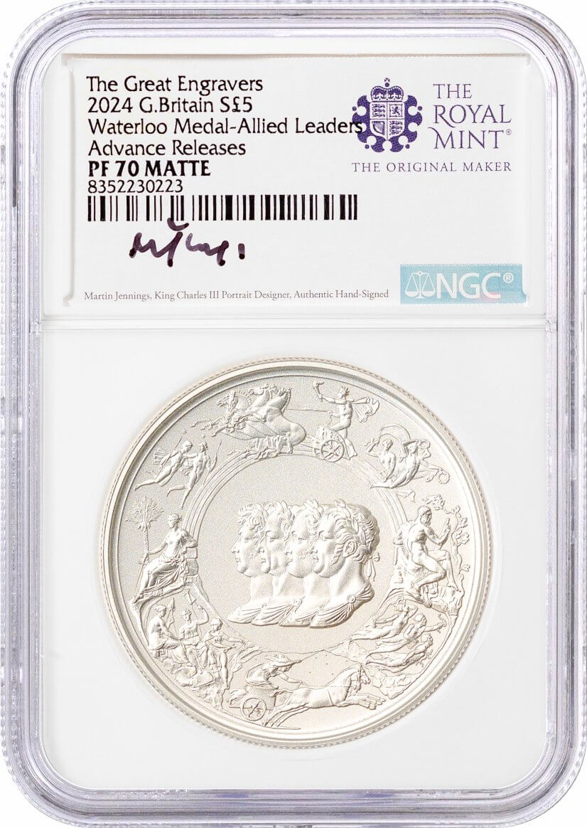 2024 & 2025 G. Britain S£5 2 oz Waterloo Medal Victory & Allied Leaders Two Coin Set NGC PF70 Matte Advanced Releases Jennings Signed Royal Mint Label With OGP