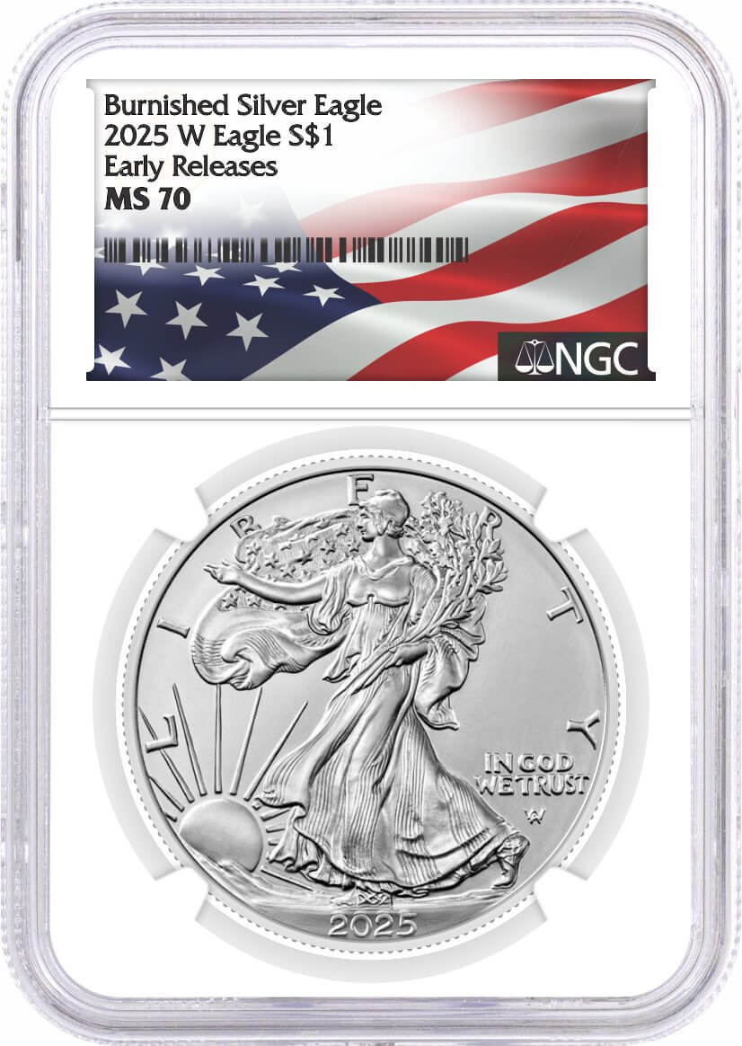 2025 W $1 1 oz Burnished Silver Eagle NGC MS70 Early Releases Flag Label with Bonus 2026 Red Book