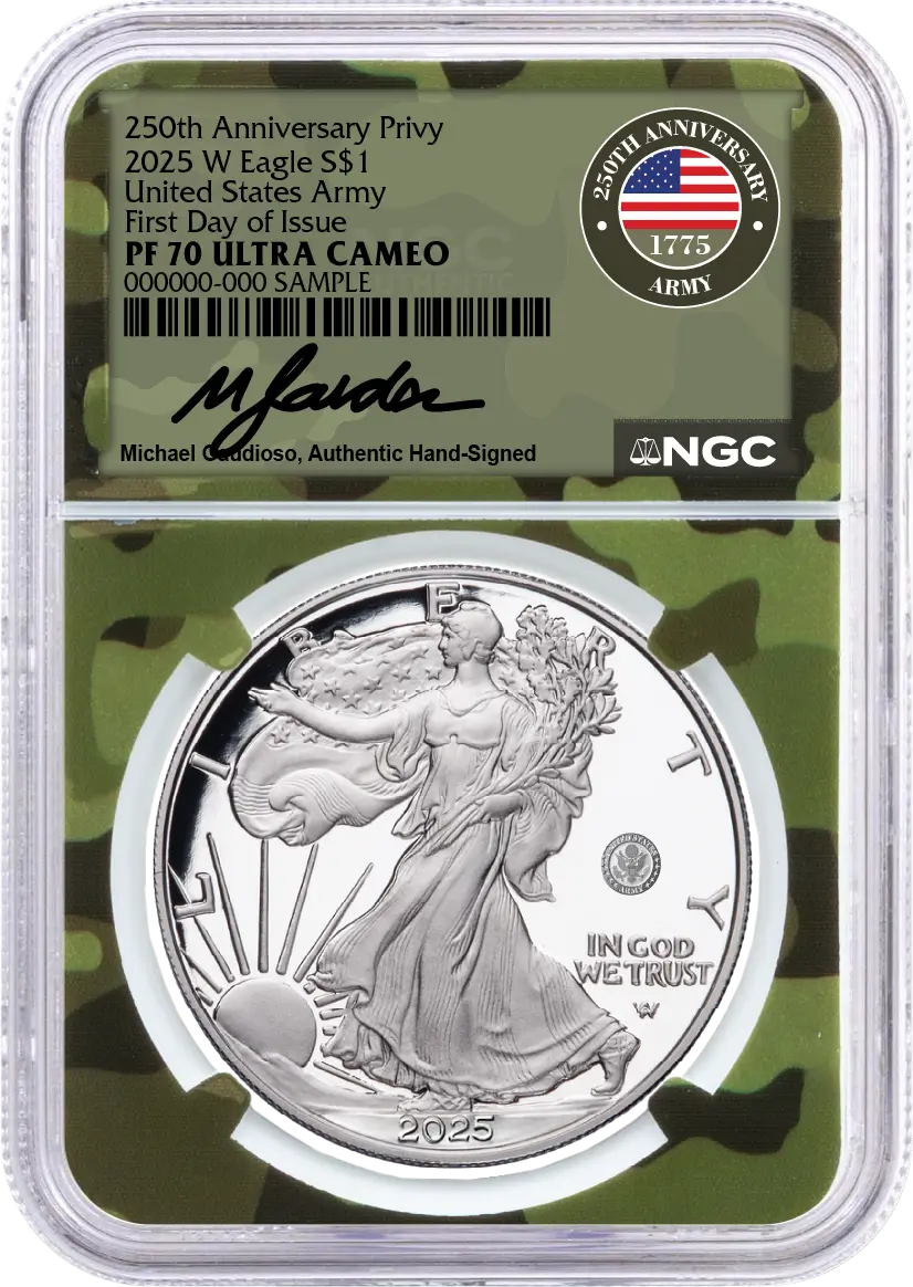 2025 W $1 1oz Silver Eagle 250th Anniversary United States Army Privy NGC PF70 UCAM First Day of Issue Gaudioso Signed Army Camo Core and Label with OGP