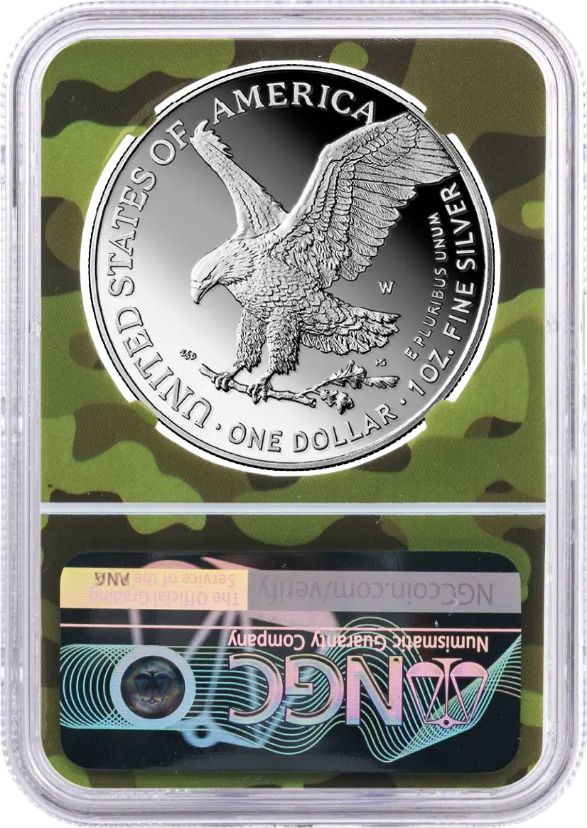 2025 W $1 1oz Silver Eagle 250th Anniversary United States Army Privy NGC PF70 UCAM First Day of Issue Gaudioso Signed Army Camo Core and Label with OGP