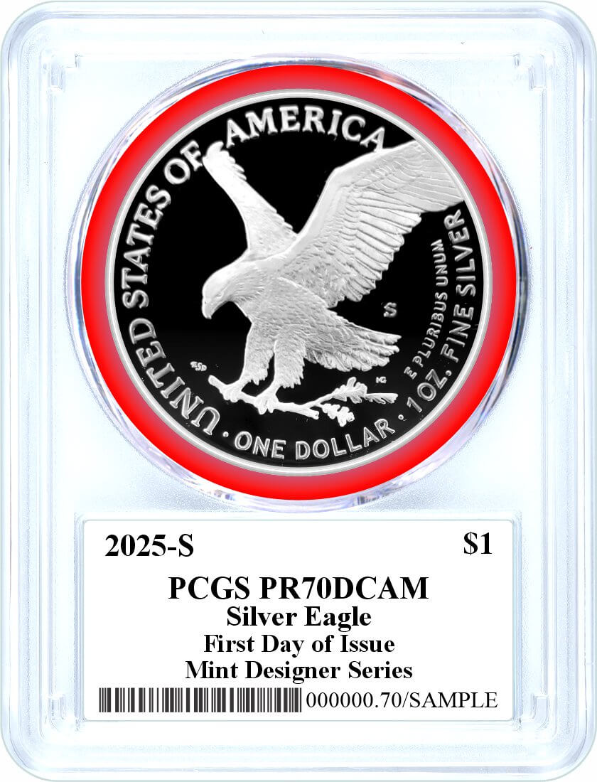 2025 S $1 1 oz Proof Silver Eagle PCGS PR70 DCAM First Day of Issue Damstra Signed Mint Designer Series Label