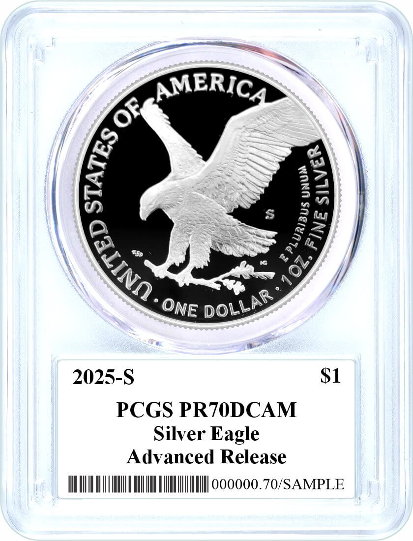 2025 S $1 1 oz Proof Silver Eagle PCGS PR70 DCAM Advanced Release Damstra Signed Flag Label