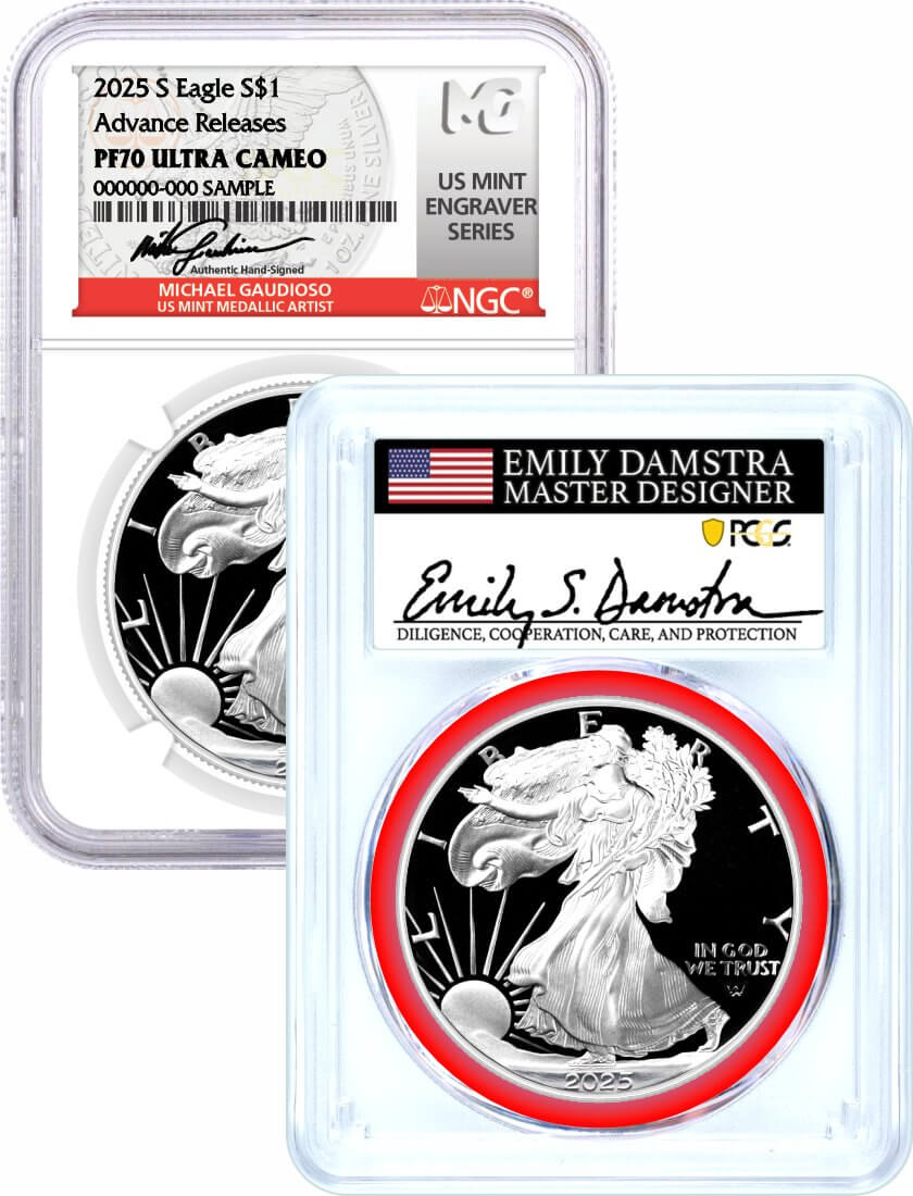 2025 S $1 1oz Proof Silver Eagle 2 Coin Set NGC PF70 UCAM Gaudioso Signed MES/PCGS PR70 DCAM Damstra Signed MDS Advanced Release Duo
