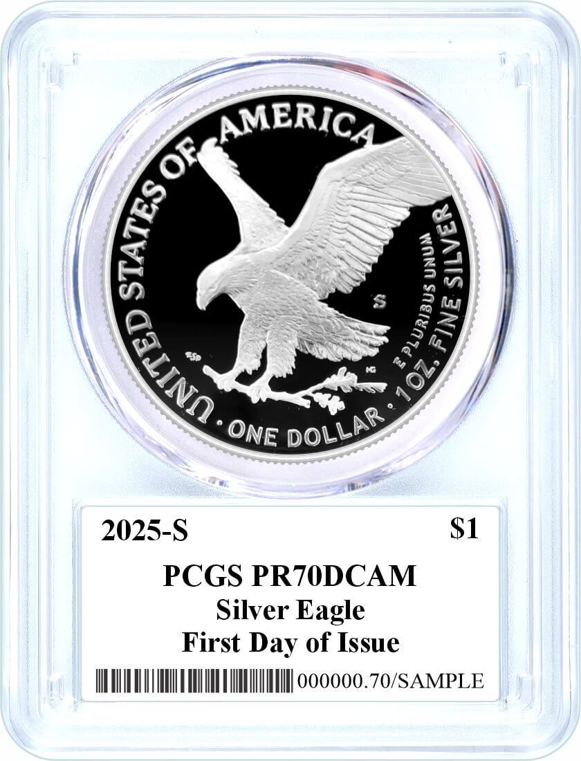 2025 S $1 1 oz Proof Silver Eagle PCGS PR70 DCAM First Day of Issue Damstra Signed Flag Label