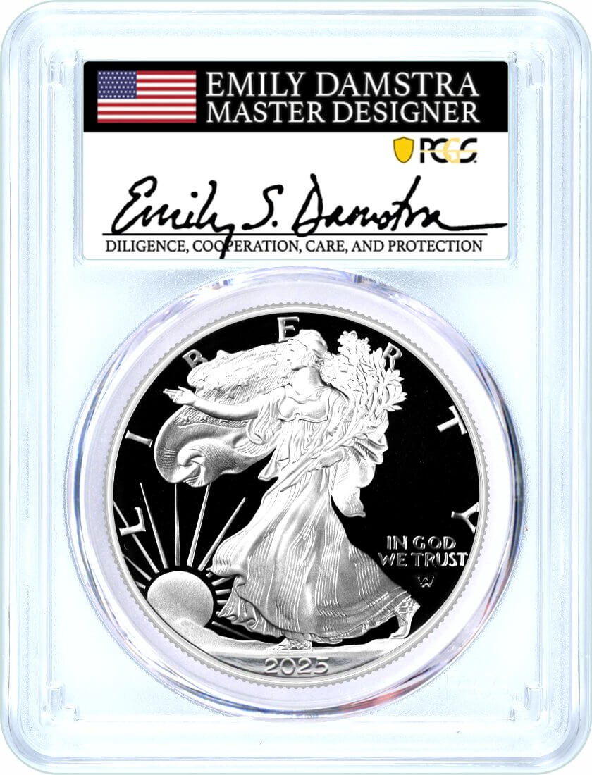2025 S $1 1 oz Proof Silver Eagle PCGS PR70 DCAM First Day of Issue Damstra Signed Flag Label