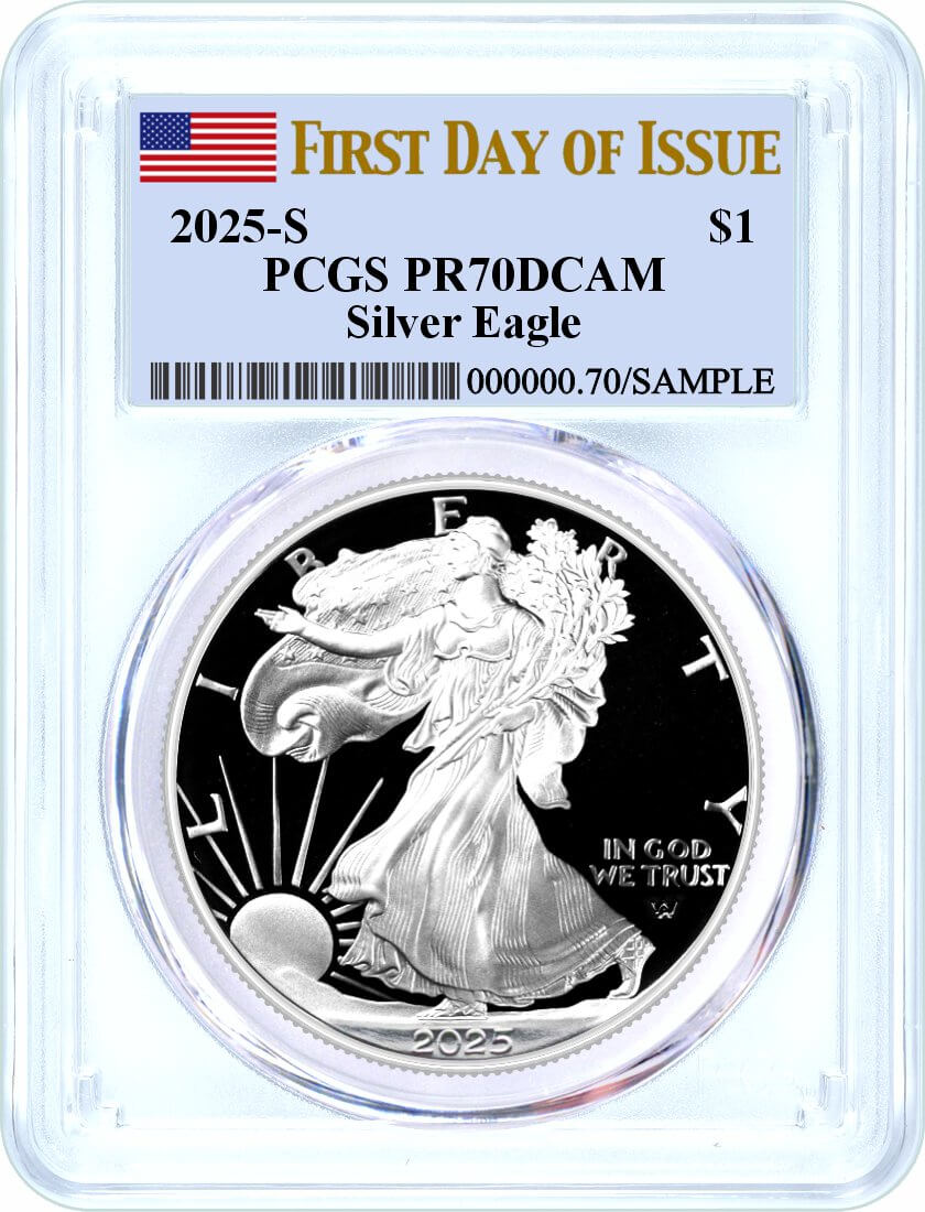 2025 S $1 1 oz Proof Silver Eagle PCGS PR70 DCAM First Day of Issue Flag Label