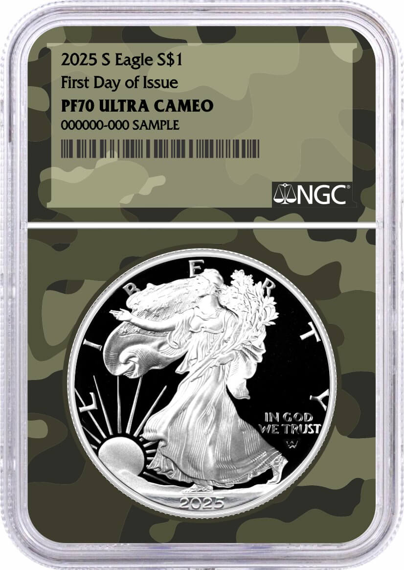 2025 S $1 1 oz Proof Silver Eagle NGC PF70 UCAM First Day of Issue Army Camo Label