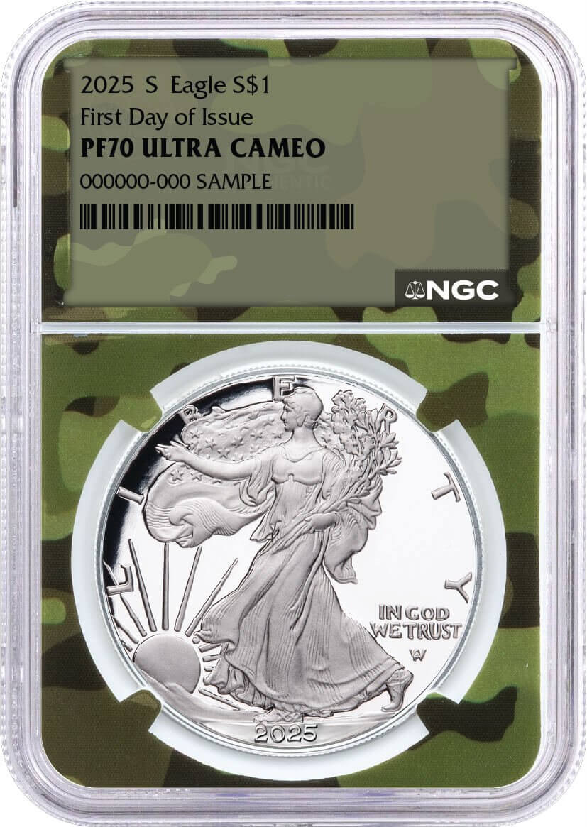 2025 S $1 1 oz Proof Silver Eagle NGC PF70 UCAM First Day of Issue Army Camo Label