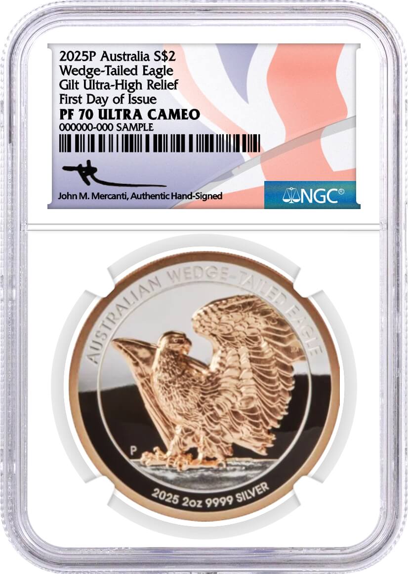 2025 P $2 Australia 2 oz Proof Silver Wedge-Tailed Eagle Ultra High Relief Rose Gold Gilt NGC PF70 UCAM First Day of Issue Mercanti Signed Aus Flag Label
