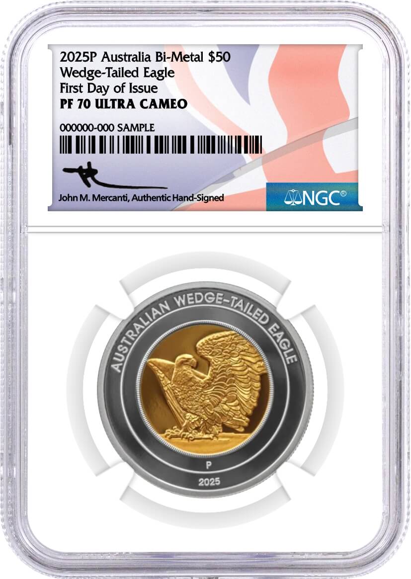 2025 P $50 Australia 1 oz Proof Bi-Metal 1/2 oz Gold 1/2 oz Silver Wedge-Tailed Eagle Ultra High Relief NGC PF70 UCAM First Day of Issue Mercanti Signed Aus Flag Label