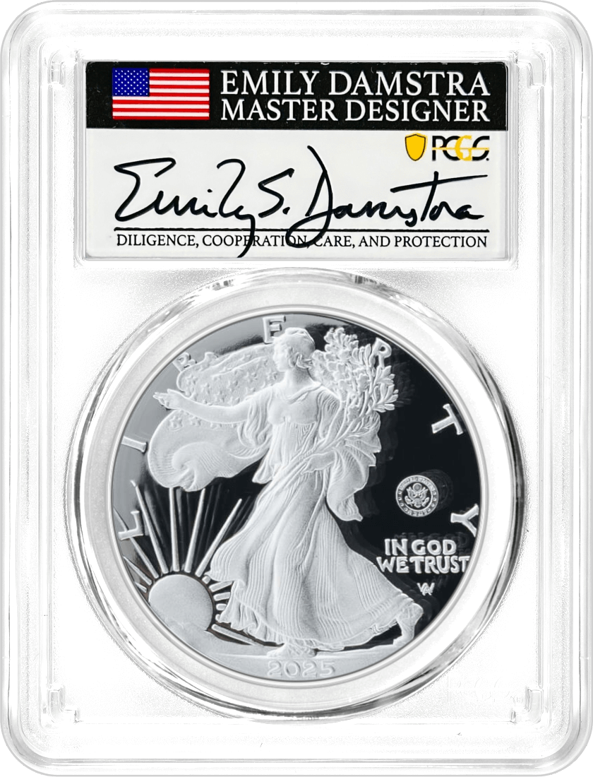 2025 W $1 1oz Silver Eagle 250th Anniversary United States Army Privy PCGS PR70 DCAM Advance Releases Damstra Signed Flag Label