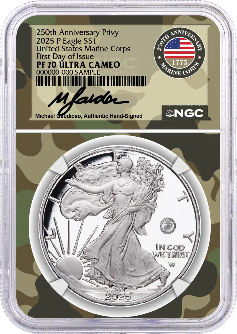 2025 P $1 1oz Silver Eagle 250th Anniversary United States Marine Corps Privy NGC PF70 UCAM First Day of Issue Gaudioso Signed Marine Corps Camo Core with OGP