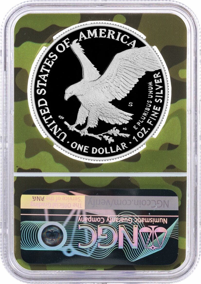 2025 S $1 1oz Proof Silver Eagle NGC PF70 UCAM First Day of Issue Gaudioso Signed Army Camo Core
